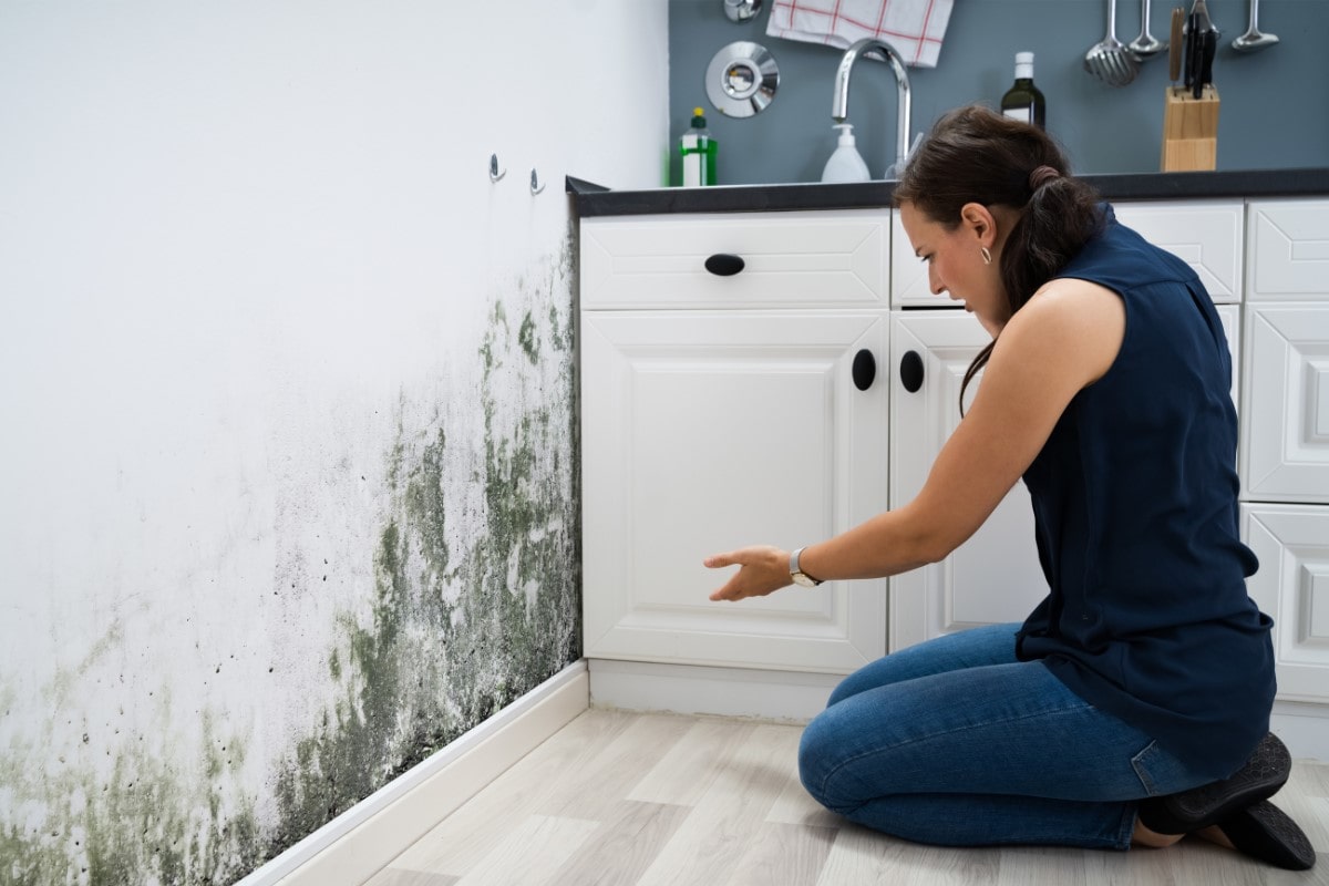 Image of a woman grossed out and upset about her moldy kitchen wall. 